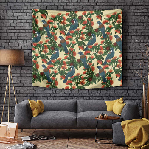 New Zealand Christmas Tapestry Romantic Tui Birds on Pohutukawa - Ivory - Aussie Hoodie