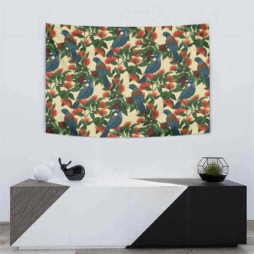 New Zealand Christmas Tapestry Romantic Tui Birds on Pohutukawa - Ivory - Aussie Hoodie