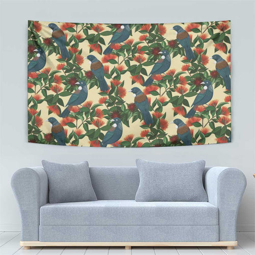 New Zealand Christmas Tapestry Romantic Tui Birds on Pohutukawa - Ivory - Aussie Hoodie