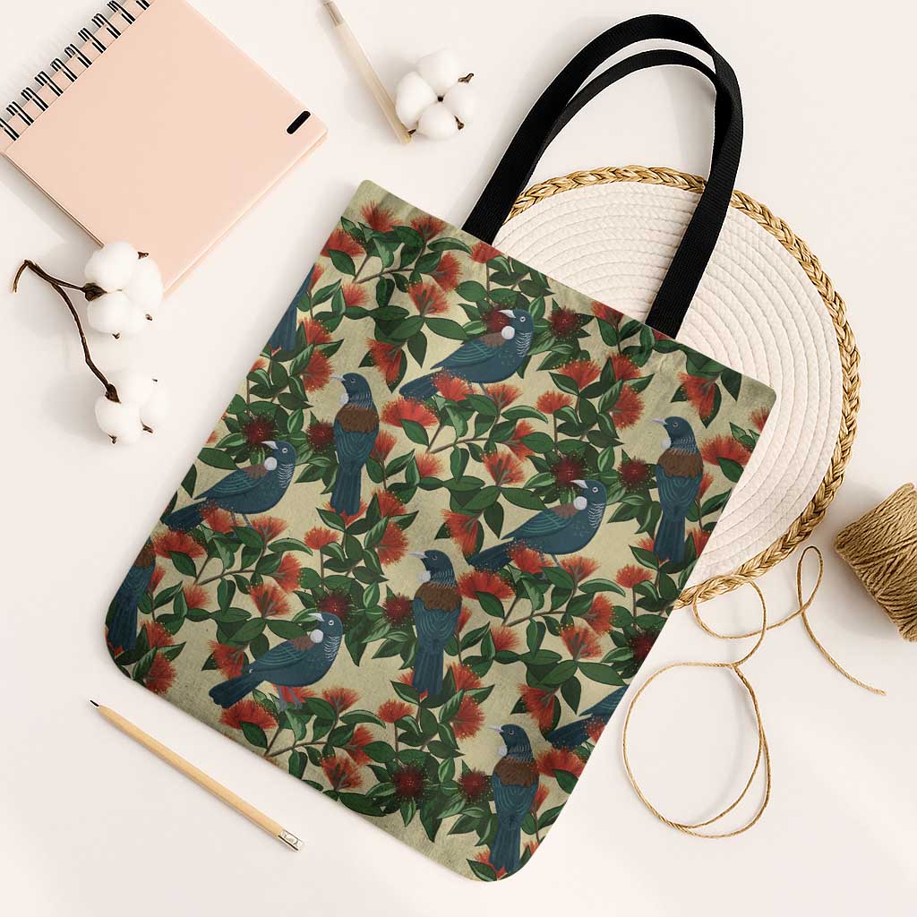 New Zealand Christmas Tote Bag Romantic Tui Birds on Pohutukawa - Ivory - Aussie Hoodie