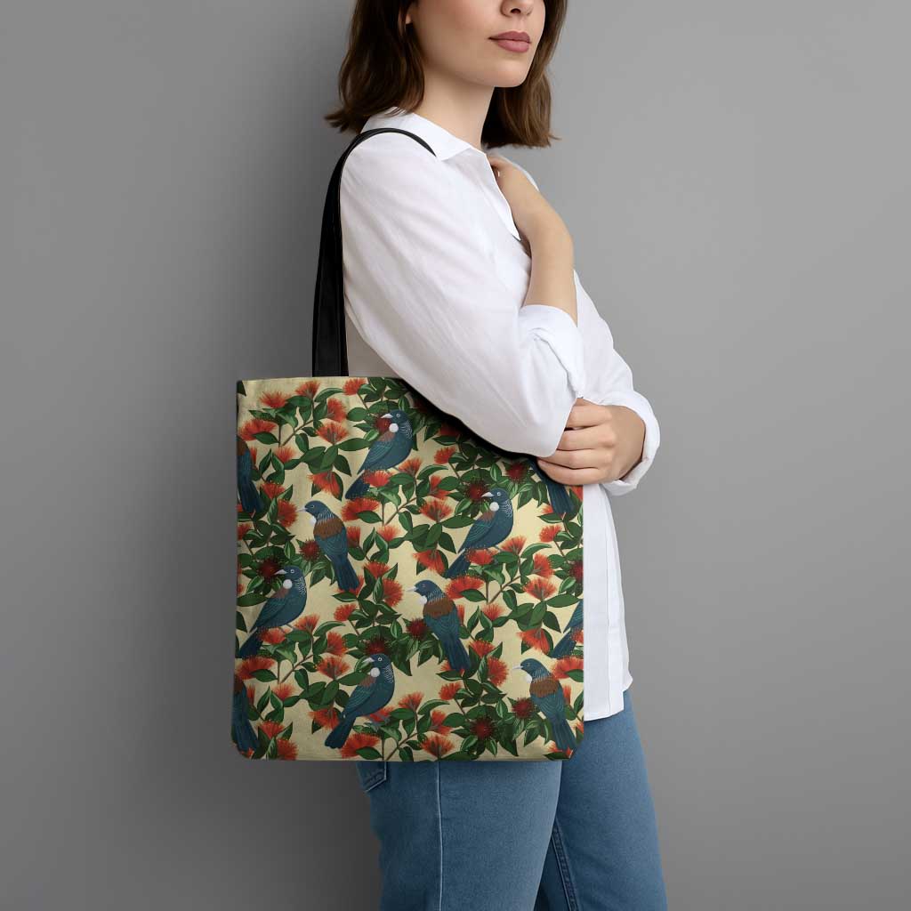 New Zealand Christmas Tote Bag Romantic Tui Birds on Pohutukawa - Ivory - Aussie Hoodie
