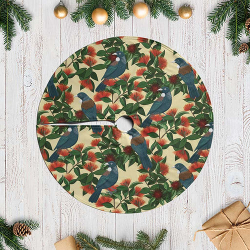New Zealand Christmas Tree Skirt Romantic Tui Birds on Pohutukawa - Ivory - Aussie Hoodie