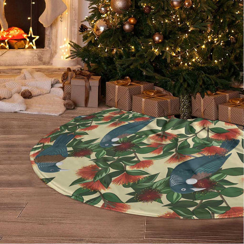 New Zealand Christmas Tree Skirt Romantic Tui Birds on Pohutukawa - Ivory - Aussie Hoodie