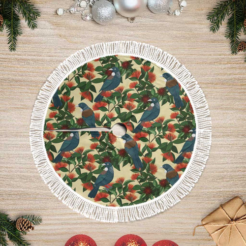 New Zealand Christmas Tree Skirt Romantic Tui Birds on Pohutukawa - Ivory - Aussie Hoodie