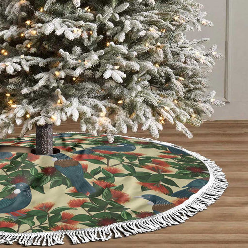New Zealand Christmas Tree Skirt Romantic Tui Birds on Pohutukawa - Ivory - Aussie Hoodie