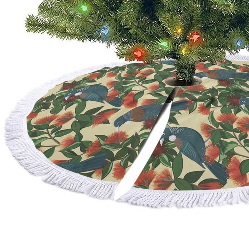 New Zealand Christmas Tree Skirt Romantic Tui Birds on Pohutukawa - Ivory - Aussie Hoodie