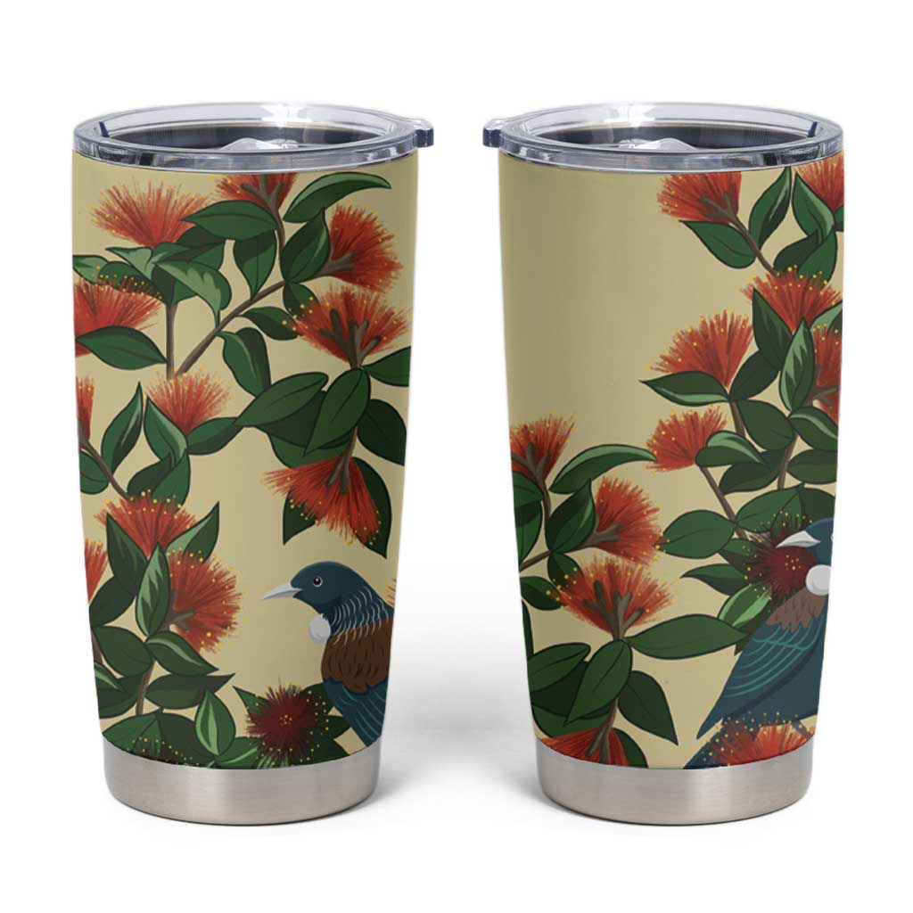New Zealand Christmas Tumbler Cup Romantic Tui Birds on Pohutukawa - Ivory - Aussie Hoodie