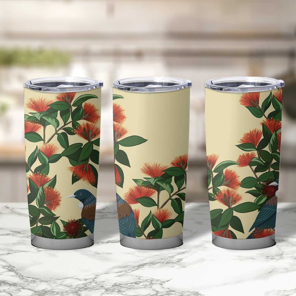 New Zealand Christmas Tumbler Cup Romantic Tui Birds on Pohutukawa - Ivory - Aussie Hoodie