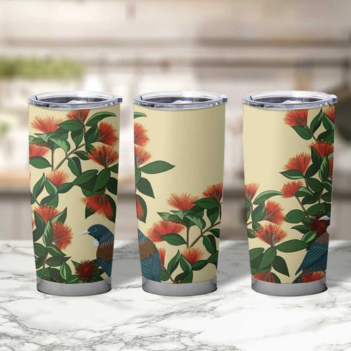 New Zealand Christmas Tumbler Cup Romantic Tui Birds on Pohutukawa - Ivory - Aussie Hoodie