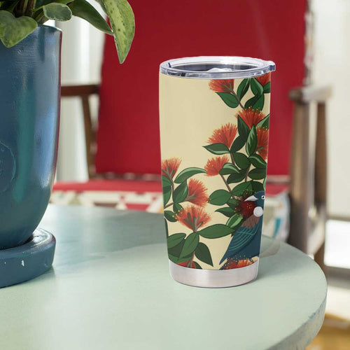 New Zealand Christmas Tumbler Cup Romantic Tui Birds on Pohutukawa - Ivory - Aussie Hoodie