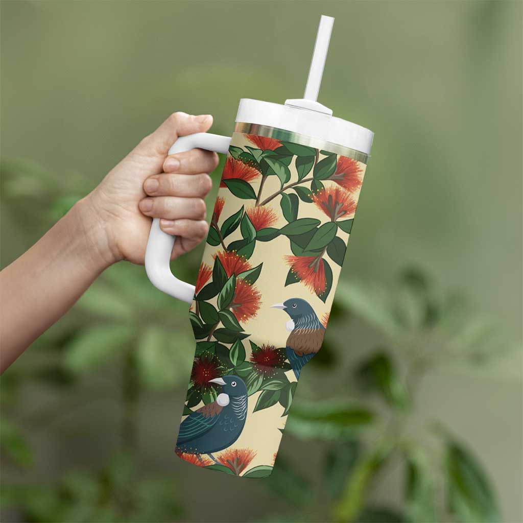 New Zealand Christmas Tumbler With Handle Romantic Tui Birds on Pohutukawa - Ivory - Aussie Hoodie