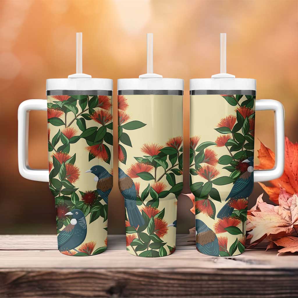 New Zealand Christmas Tumbler With Handle Romantic Tui Birds on Pohutukawa - Ivory - Aussie Hoodie