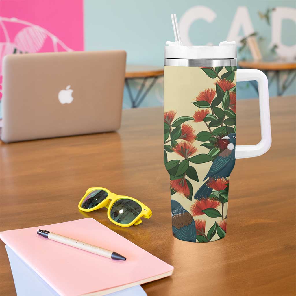 New Zealand Christmas Tumbler With Handle Romantic Tui Birds on Pohutukawa - Ivory - Aussie Hoodie