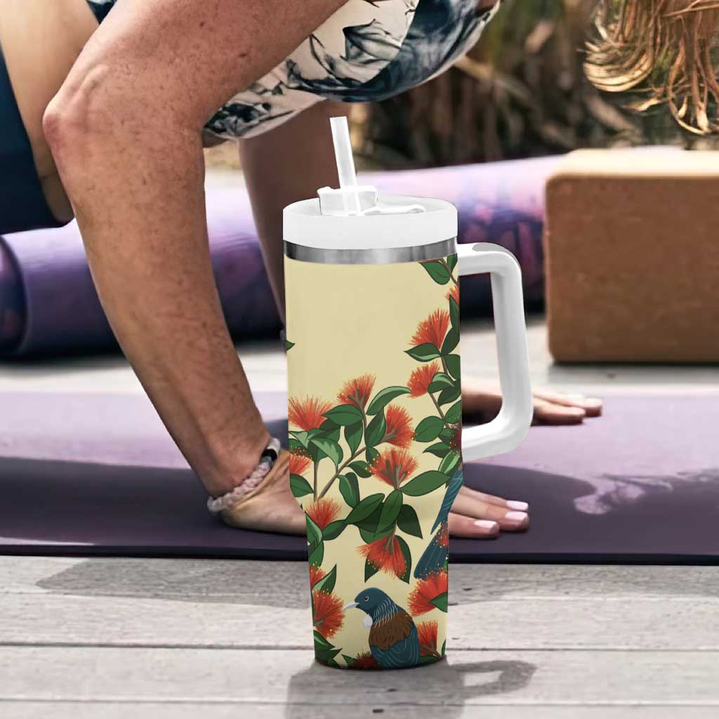New Zealand Christmas Tumbler With Handle Romantic Tui Birds on Pohutukawa - Ivory - Aussie Hoodie