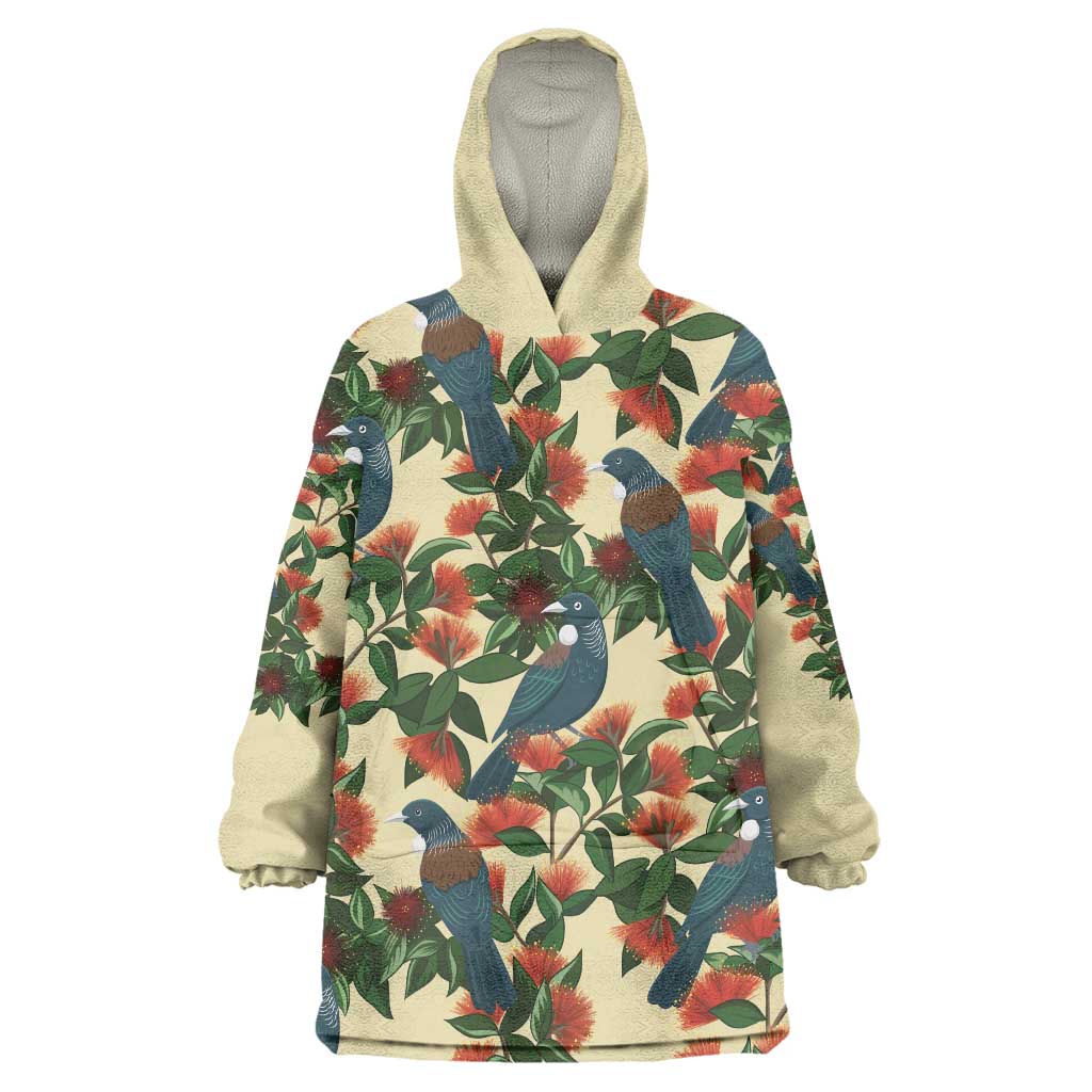New Zealand Christmas Wearable Blanket Hoodie Romantic Tui Birds on Pohutukawa - Ivory - Aussie Hoodie