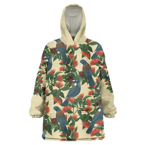 New Zealand Christmas Wearable Blanket Hoodie Romantic Tui Birds on Pohutukawa - Ivory - Aussie Hoodie
