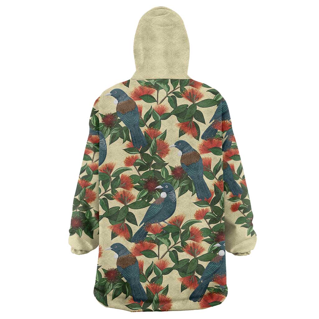 New Zealand Christmas Wearable Blanket Hoodie Romantic Tui Birds on Pohutukawa - Ivory - Aussie Hoodie
