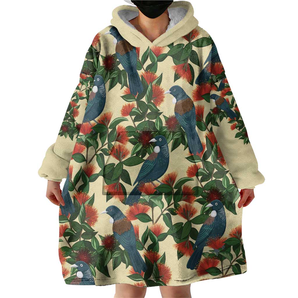 New Zealand Christmas Wearable Blanket Hoodie Romantic Tui Birds on Pohutukawa - Ivory - Aussie Hoodie