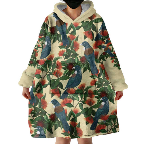 New Zealand Christmas Wearable Blanket Hoodie Romantic Tui Birds on Pohutukawa - Ivory - Aussie Hoodie
