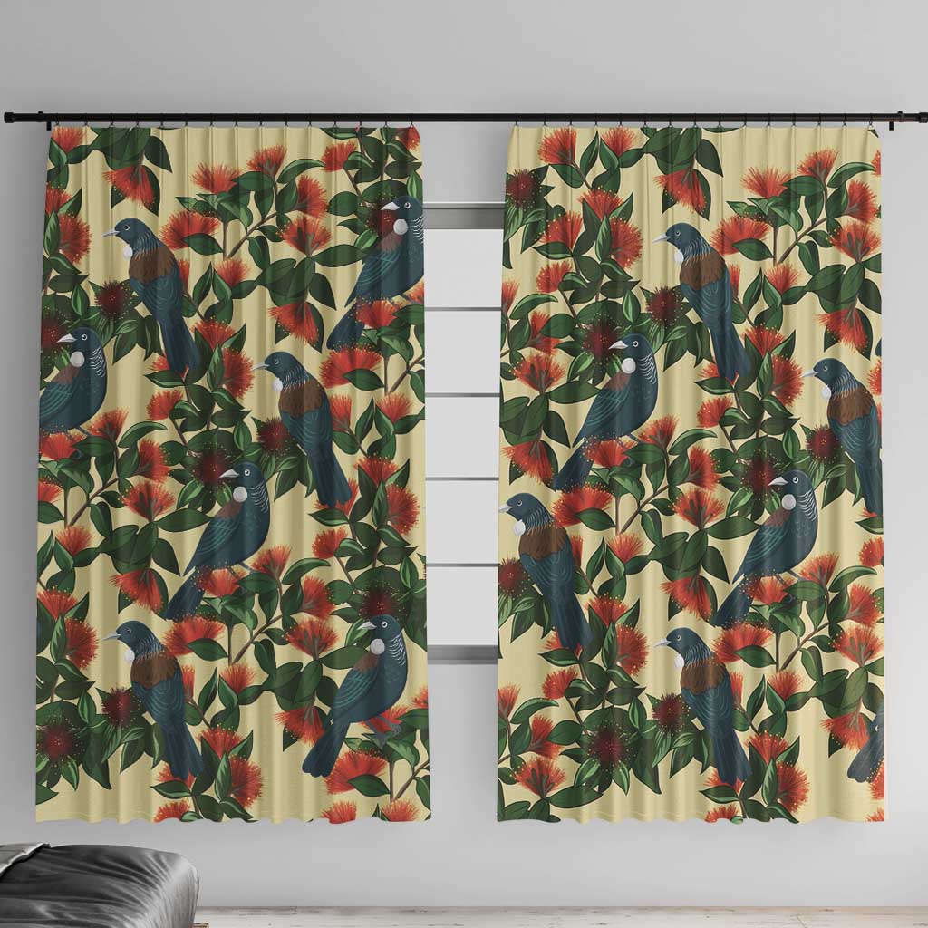 New Zealand Christmas Window Curtain Romantic Tui Birds on Pohutukawa - Ivory - Aussie Hoodie