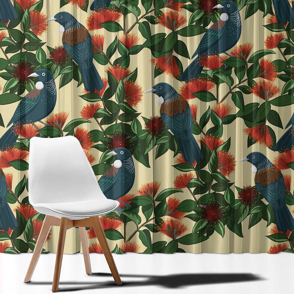 New Zealand Christmas Window Curtain Romantic Tui Birds on Pohutukawa - Ivory - Aussie Hoodie