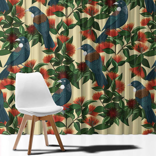 New Zealand Christmas Window Curtain Romantic Tui Birds on Pohutukawa - Ivory - Aussie Hoodie