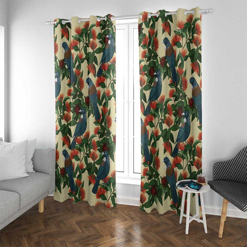 New Zealand Christmas Window Curtain Romantic Tui Birds on Pohutukawa - Ivory - Aussie Hoodie