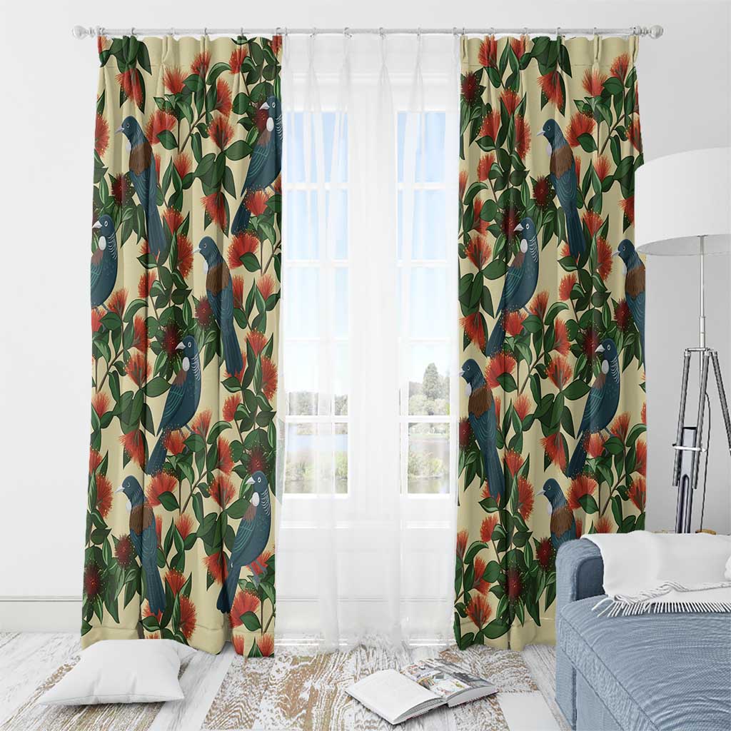 New Zealand Christmas Window Curtain Romantic Tui Birds on Pohutukawa - Ivory - Aussie Hoodie