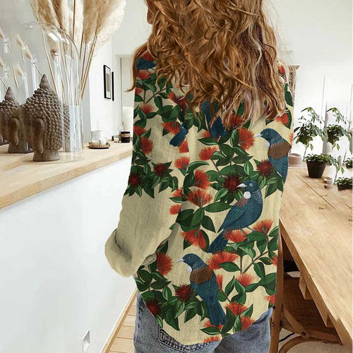 New Zealand Christmas Women Casual Shirt Romantic Tui Birds on Pohutukawa - Ivory - Aussie Hoodie