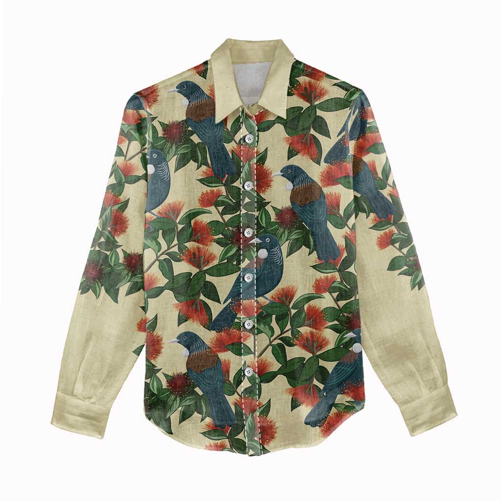 New Zealand Christmas Women Casual Shirt Romantic Tui Birds on Pohutukawa - Ivory - Aussie Hoodie