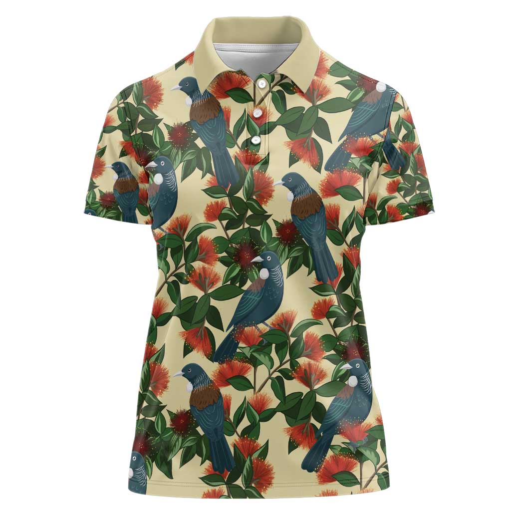 New Zealand Christmas Women Polo Shirt Romantic Tui Birds on Pohutukawa - Ivory - Aussie Hoodie