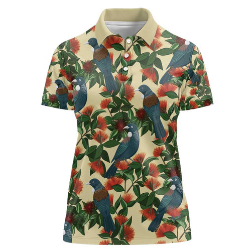 New Zealand Christmas Women Polo Shirt Romantic Tui Birds on Pohutukawa - Ivory - Aussie Hoodie