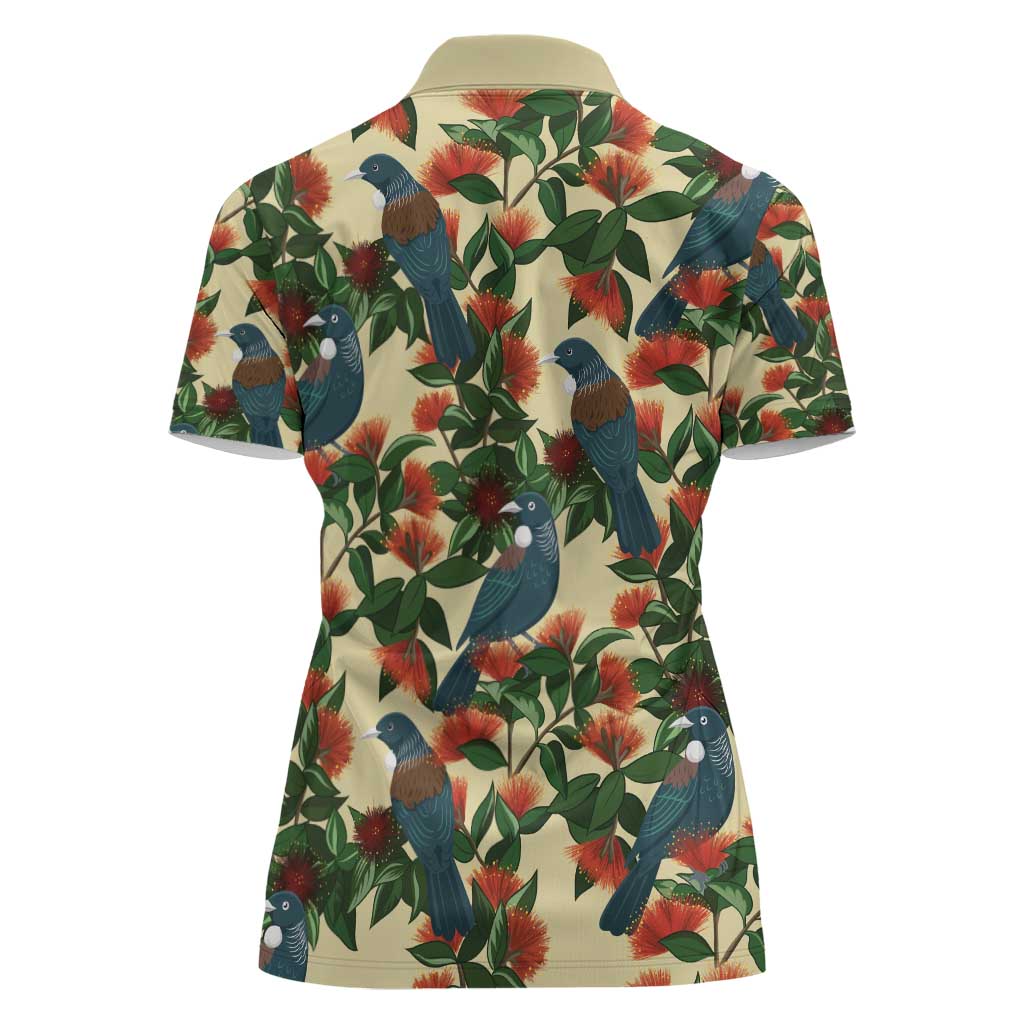 New Zealand Christmas Women Polo Shirt Romantic Tui Birds on Pohutukawa - Ivory - Aussie Hoodie