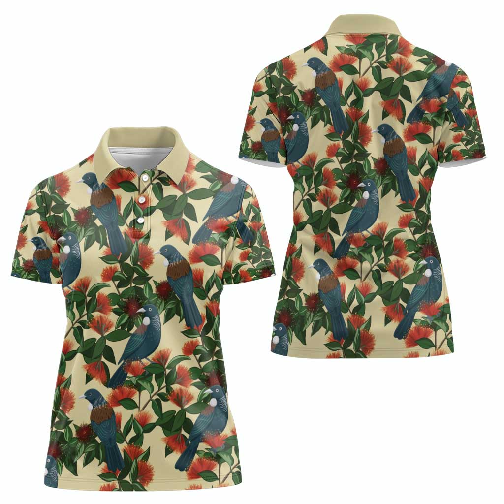 New Zealand Christmas Women Polo Shirt Romantic Tui Birds on Pohutukawa - Ivory - Aussie Hoodie