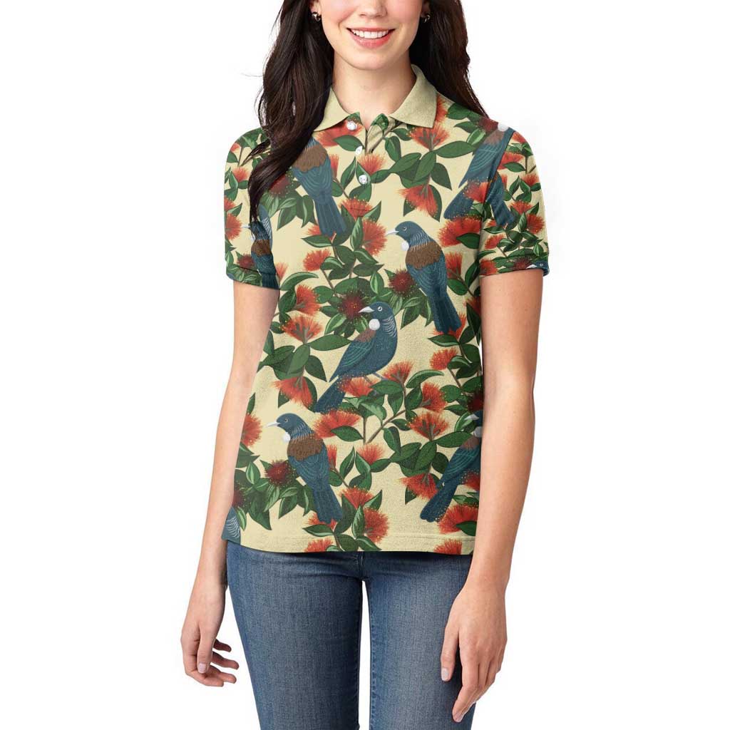 New Zealand Christmas Women Polo Shirt Romantic Tui Birds on Pohutukawa - Ivory - Aussie Hoodie