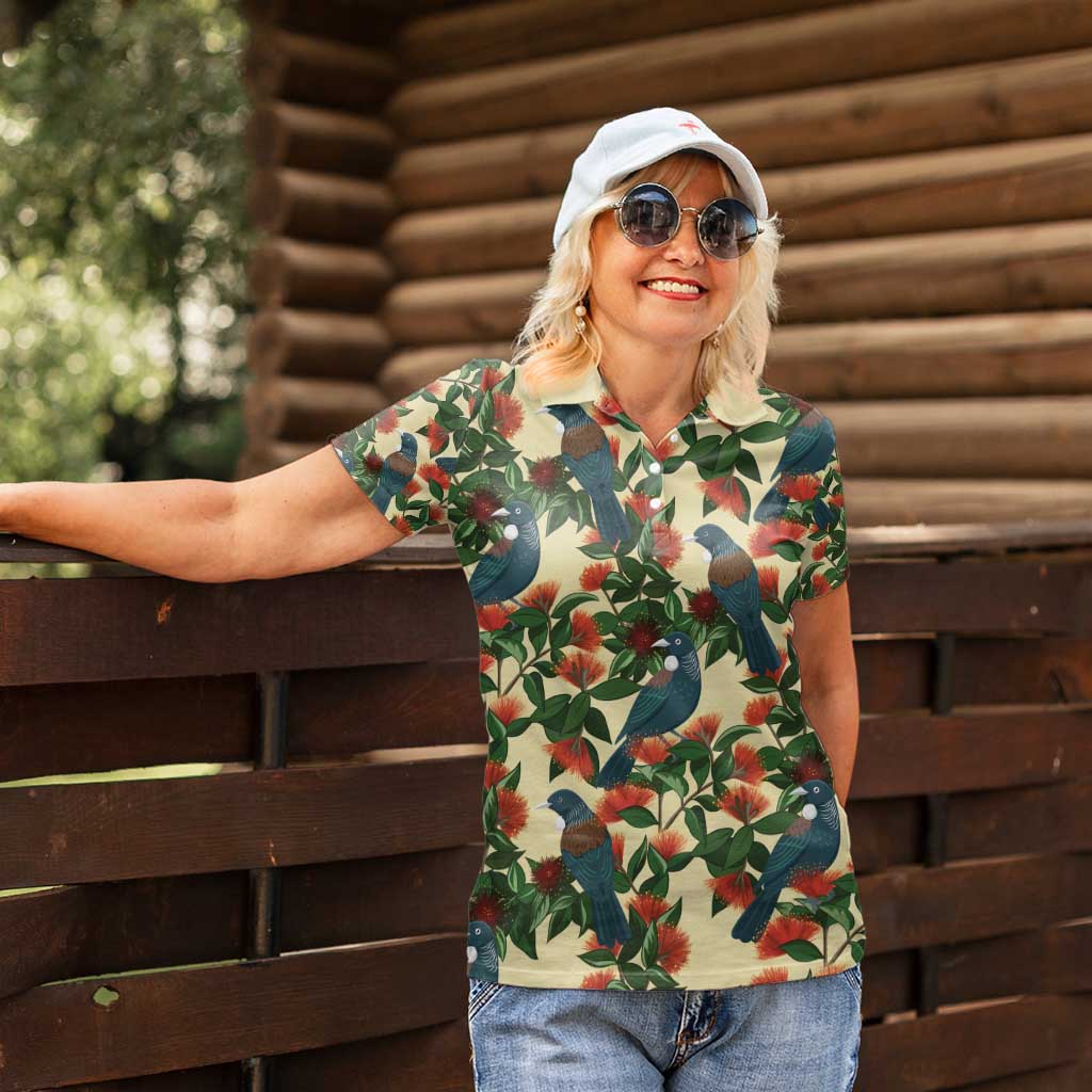 New Zealand Christmas Women Polo Shirt Romantic Tui Birds on Pohutukawa - Ivory - Aussie Hoodie