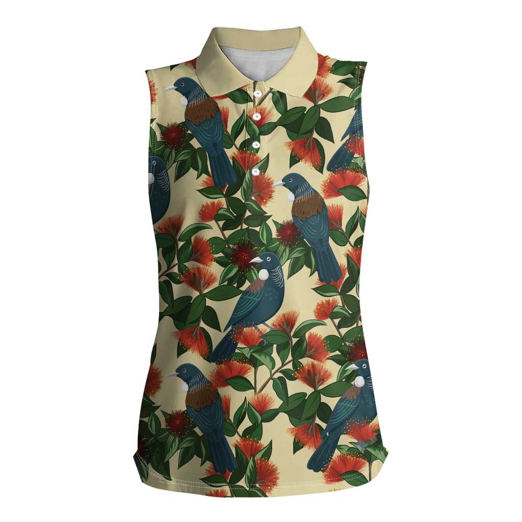 New Zealand Christmas Women Sleeveless Polo Shirt Romantic Tui Birds on Pohutukawa - Ivory - Aussie Hoodie