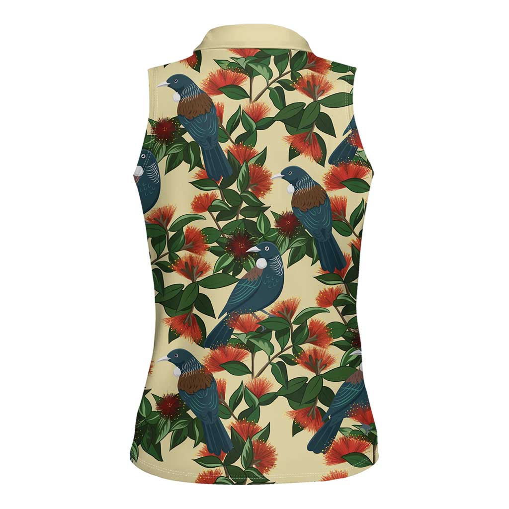 New Zealand Christmas Women Sleeveless Polo Shirt Romantic Tui Birds on Pohutukawa - Ivory - Aussie Hoodie
