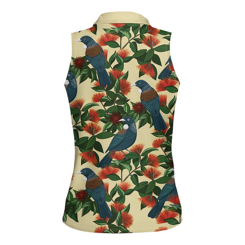 New Zealand Christmas Women Sleeveless Polo Shirt Romantic Tui Birds on Pohutukawa - Ivory - Aussie Hoodie