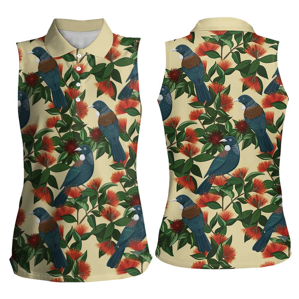 New Zealand Christmas Women Sleeveless Polo Shirt Romantic Tui Birds on Pohutukawa - Ivory - Aussie Hoodie