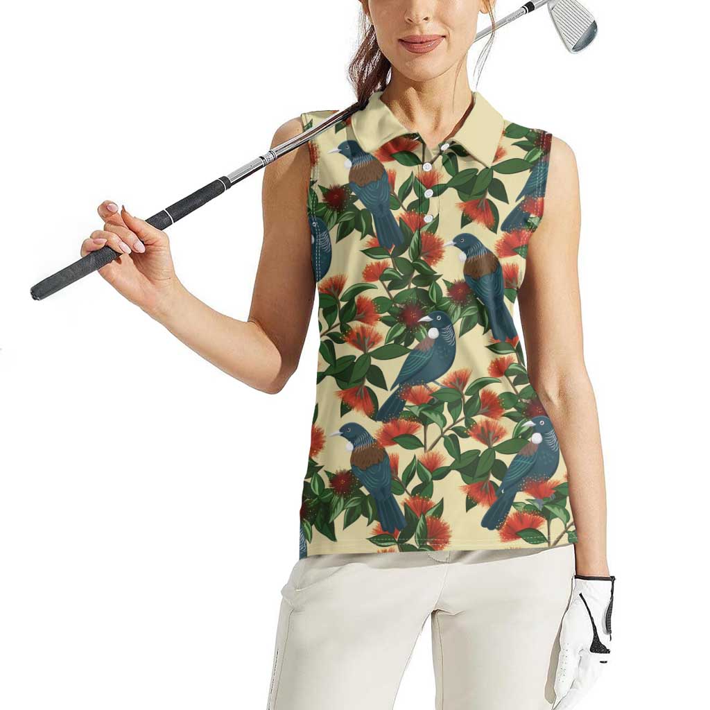 New Zealand Christmas Women Sleeveless Polo Shirt Romantic Tui Birds on Pohutukawa - Ivory - Aussie Hoodie