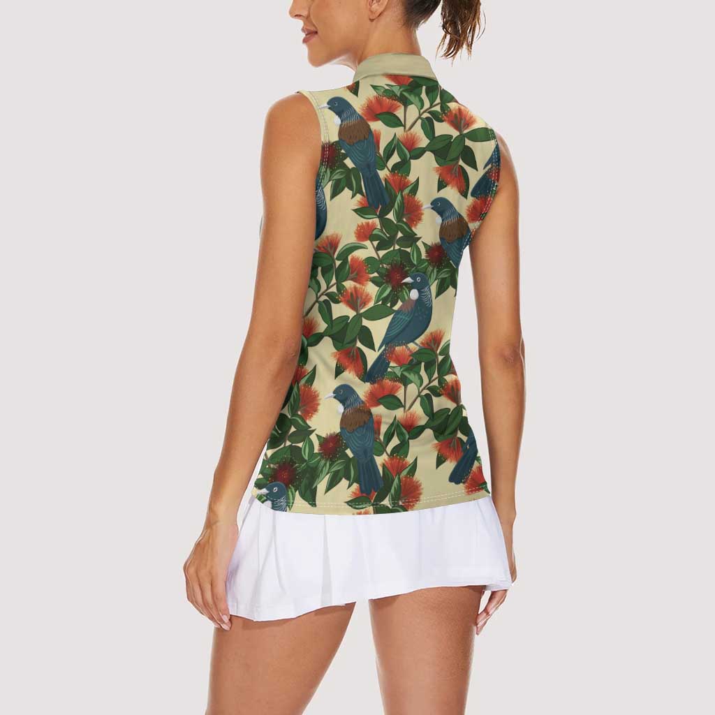 New Zealand Christmas Women Sleeveless Polo Shirt Romantic Tui Birds on Pohutukawa - Ivory - Aussie Hoodie