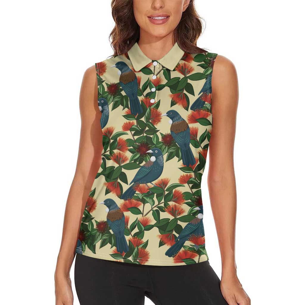 New Zealand Christmas Women Sleeveless Polo Shirt Romantic Tui Birds on Pohutukawa - Ivory - Aussie Hoodie
