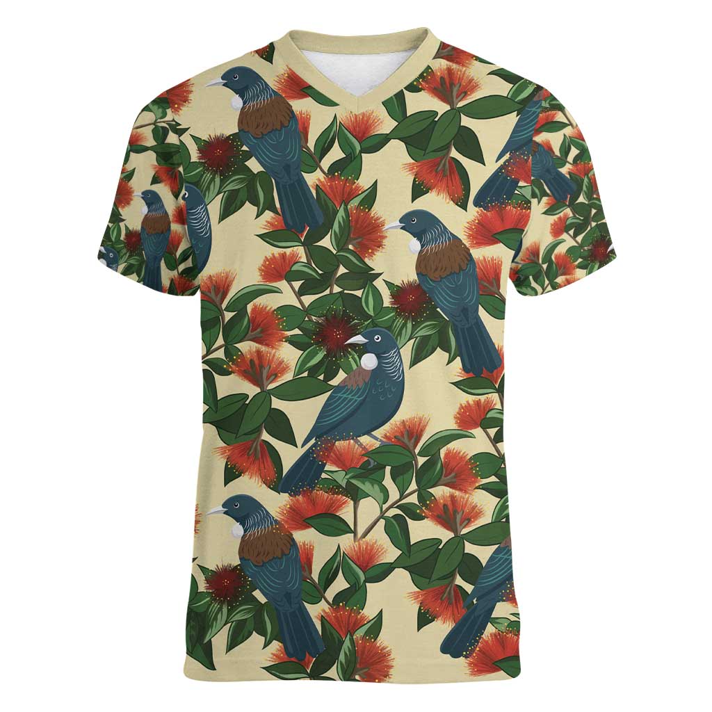 New Zealand Christmas Women V-Neck T-Shirt Romantic Tui Birds on Pohutukawa - Ivory - Aussie Hoodie