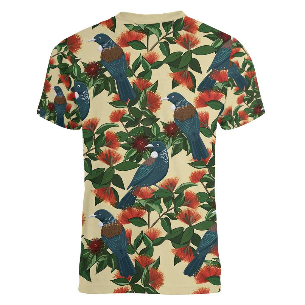 New Zealand Christmas Women V-Neck T-Shirt Romantic Tui Birds on Pohutukawa - Ivory - Aussie Hoodie
