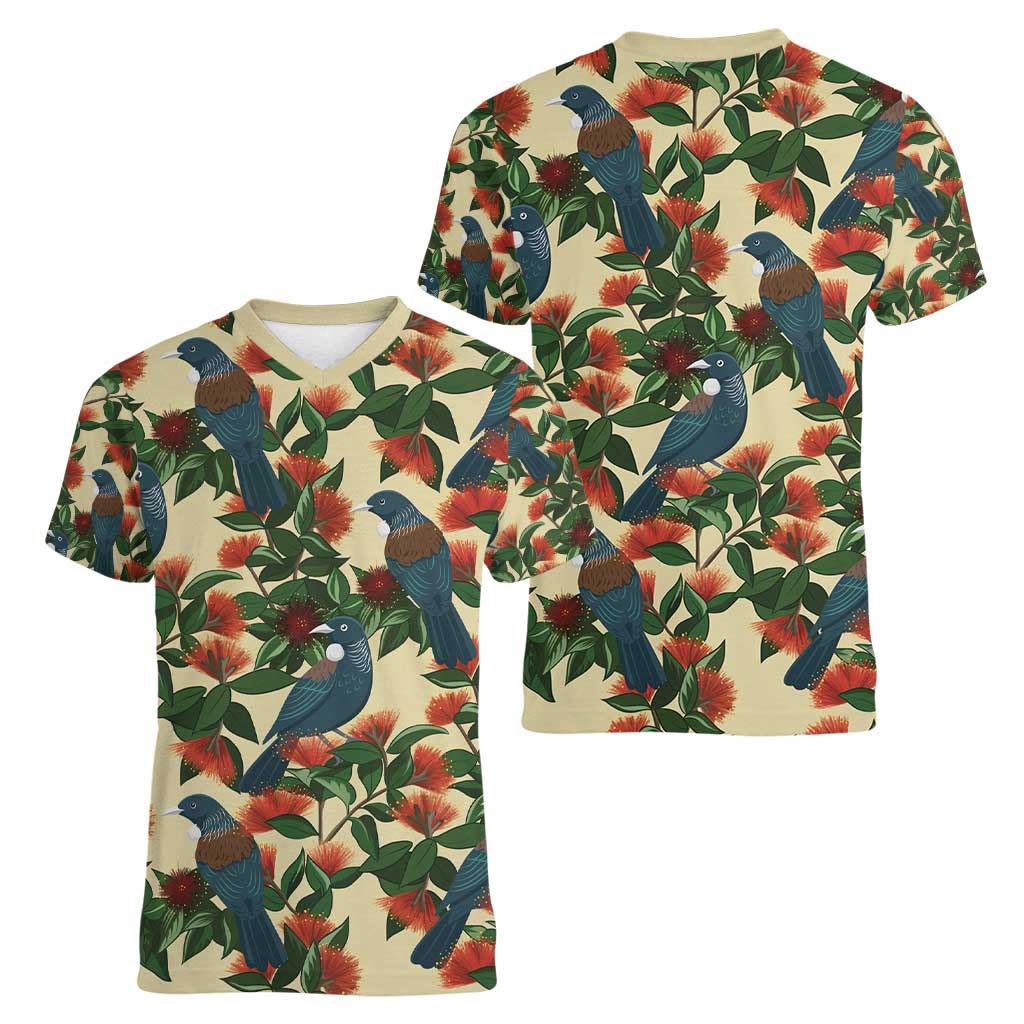 New Zealand Christmas Women V-Neck T-Shirt Romantic Tui Birds on Pohutukawa - Ivory - Aussie Hoodie