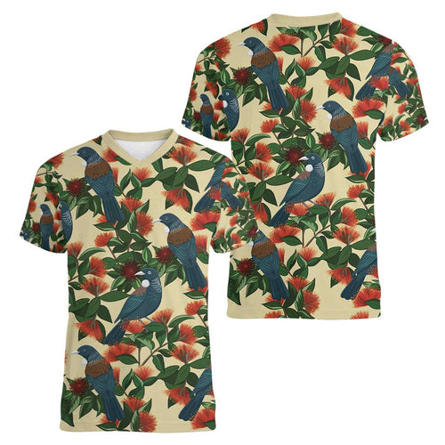 New Zealand Christmas Women V-Neck T-Shirt Romantic Tui Birds on Pohutukawa - Ivory - Aussie Hoodie