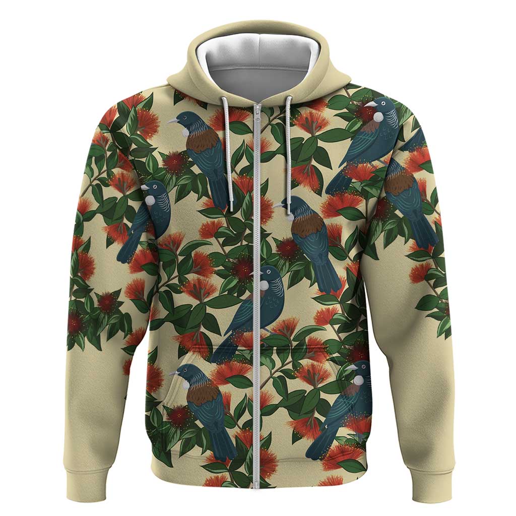 New Zealand Christmas Zip Hoodie Romantic Tui Birds on Pohutukawa - Ivory - Aussie Hoodie