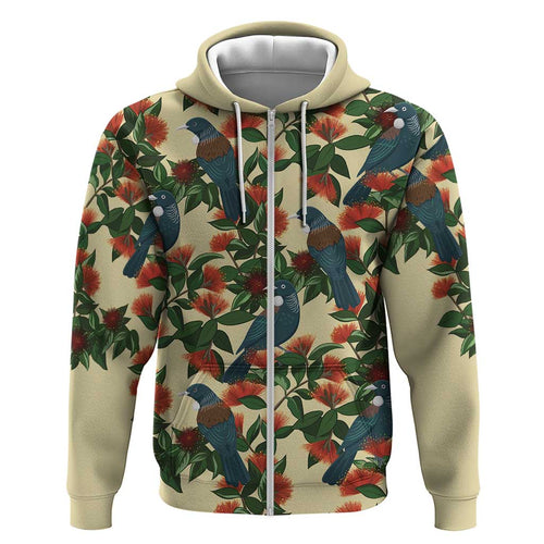 New Zealand Christmas Zip Hoodie Romantic Tui Birds on Pohutukawa - Ivory - Aussie Hoodie