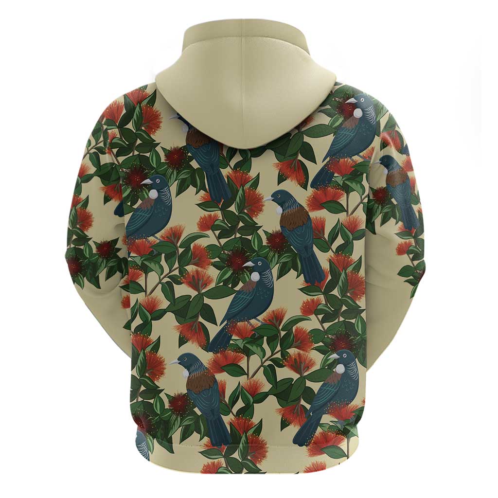 New Zealand Christmas Zip Hoodie Romantic Tui Birds on Pohutukawa - Ivory - Aussie Hoodie